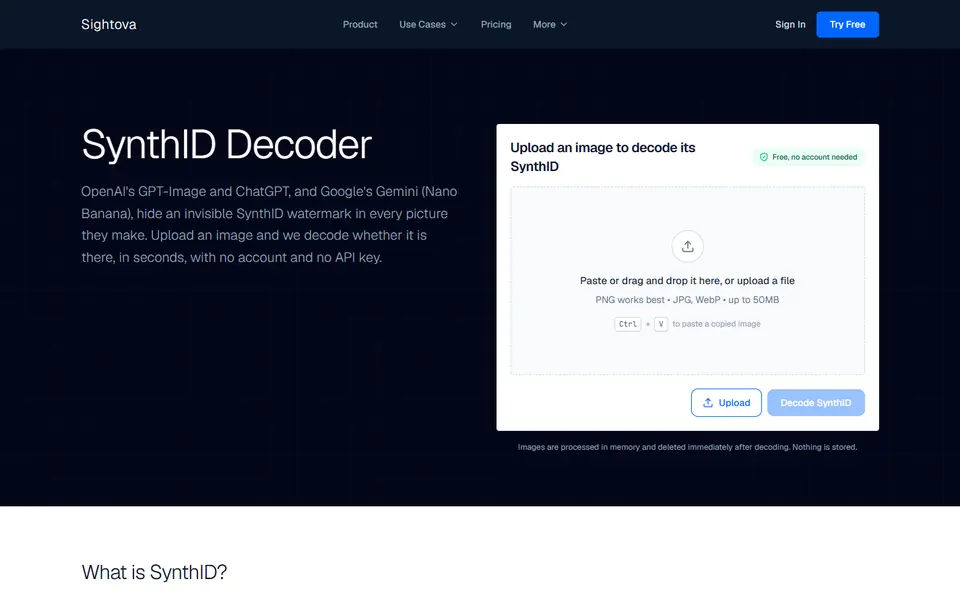 Skjermbilde av nettsiden SynthID Decoder hos Sightova med et felt for å laste opp et bilde